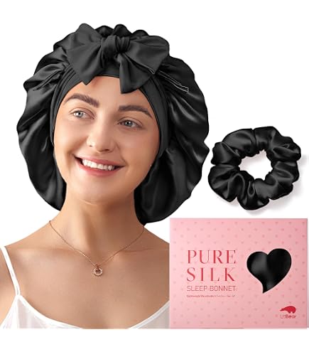 DAJOOEE Bonnet En Soie Pour Dormir Avec Chouchou Femme - Bonnet Satin Nuit Noir Taille M, Protection Cheveux