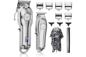 SUPRENT Tondeuse à Cheveux Professionnelle pour Homme-Kit de Coupe de Cheveux et Tondeuse à Lame en T Zero Gap, Ensemble de Tondeuse de Barbier Sans fil Avec écran LED (Argent)