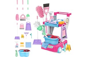 deAO 16 Piezas Limpieza Juguetes con Carrito de La Limpieza, Escoba, Cubo, Pulverizador, Jabón, Fregona, Paño, Cepillo, Recogedor, Juego de Roles, Juguetes del hogar para Niño Niña 3 4 5 6 Años