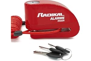 RADIKAL RK66R Antivol Moto Bloque Disque Alarme 110dB, Dissuasif et Étanche, Serrure à Clic, Câble Rappel, Piles Rechange, Sac, Anti Vol Bloc Frein ø6mm Universel Moto Scooter Vélo