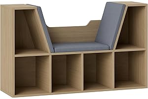 HOMCOM Librería con Asiento, Estantería de Libros con 6 Cubos, Estantería Almacenamiento con Banco con Cojín, Multiusos para Sala de Estar, Oficina, Dormitorio, 102x30x61cm, Roble y Gris