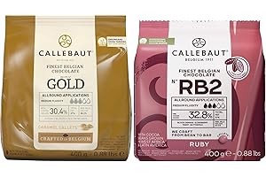 Callebaut Ruby RB2 & Gold Callets Bundle – 2 x 400g | Fruity & Caramel Couverture Chocolate | 32.8% & 30.4%