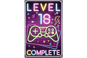 TARKLANDA Targa in Metallo Retrò per Il 18° Compleanno Ragazzo, Level 18 Complete, Decorazione per 18 Anni, Divertente Targa e Biglietto per Gamer, Regalo