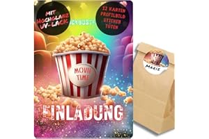 ‎CELEBR8TE celebr8te 12x Einladungskarten mit Movie Popcorn Kino Motiv - Für den Kindergeburtstag von Jungen & Mädchen - Coole Einladungen für den perfekten Kino Filme Abend +12 Sticker +12 Geschenktüten