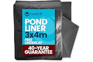 SWELL UK Swell 4 x 3m Pond Liner and Free Underlay | Ideal for Koi & Fish Pools Fountains and Streams | Flexible & Impermeable for Reinforced Durable Landscaping | Heavy Duty HDPE - 40 Year Guarantee