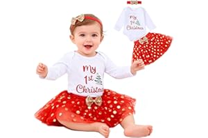 NINIVI Baby Weihnachtsoutfit Mädchen My First Christmas Outfit Neugeborene Weihnachten Kleidung Weihnachten Baby Outfit Neugeborenen Set Weihnachtskleidung Säugling Strampler+Tutu+Stirnband 0-18 Monate