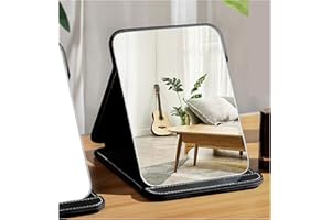 GSHUR Portable Folding Mirror, Compact Makeup Mirror, PU Leather Travel Mirror, Foldable Vanity Mirrors, Free Standing Tabletop Mirror (black)