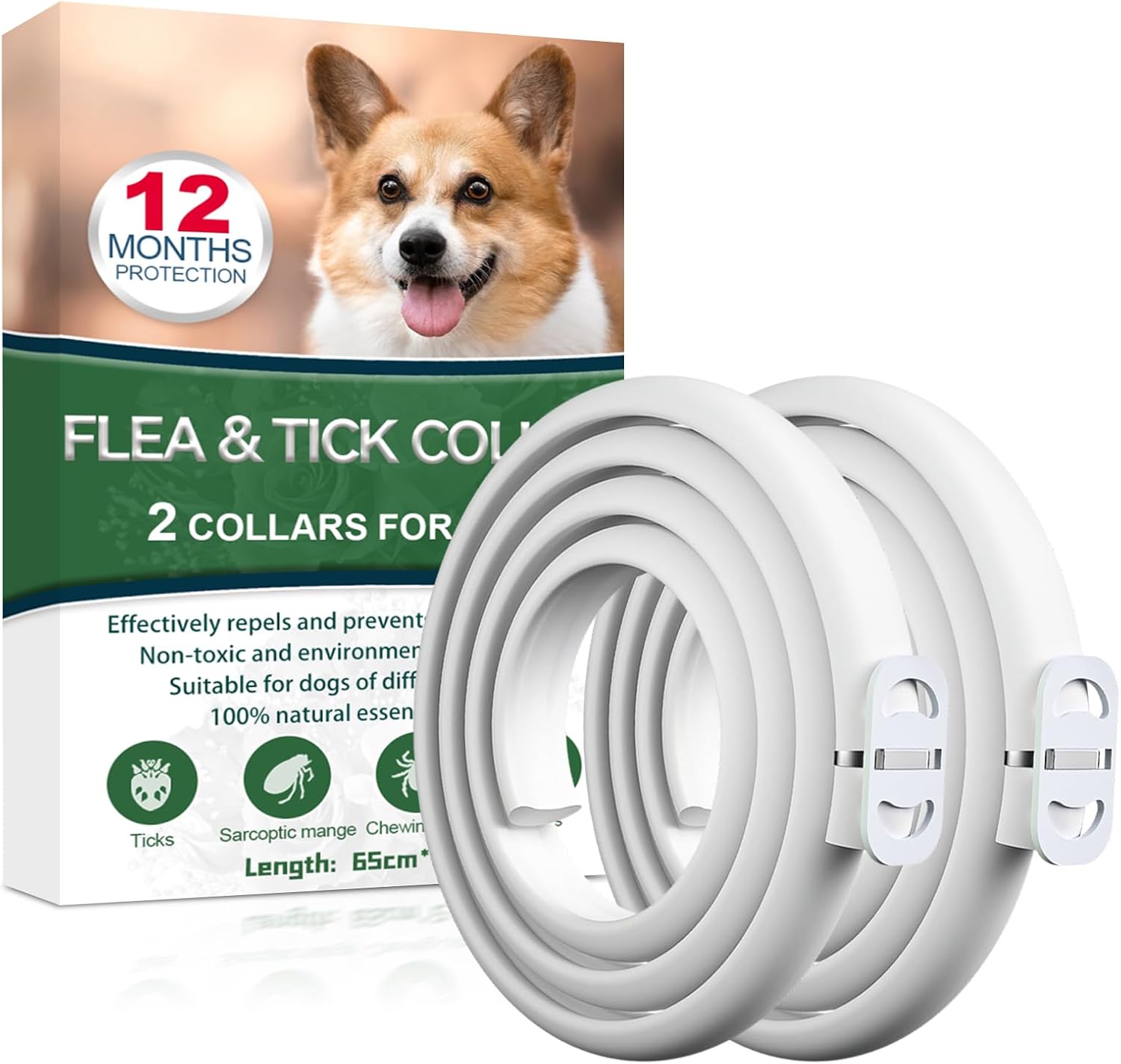 Pack 2 Collares Antiparasitarios para Perros, 24 Meses de Protección contra Pulgas, Garrapatas y Mosquitos - 100% Natural, Impermeable, Ajustable, para Todos los Tamaños
