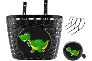 YeloYolker Boys Bike Basket with Bell, Cute Dinosaur Bicycle Basket for kids, Toddlers, Plastic Front Handlebar Basket for Scooter, Tricycle