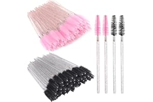 HEMIKS Lot de 100 Brosses à Cils Jetables, Goupillon Cils Pinceau Cils avec Poignée en Cristal, Applicateur Cils Brosse pour Maquillage Extension Cils Sourcils (Rose, Noir)