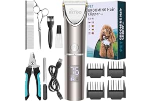 Dog Clippers, HETOO Professional Dog Grooming Clipper Kit for Dogs Cats Pets, Low Noise High Power Rechargeable Cordless Pet Hair Clipper Shaver Trimmers Set for Thick to Heavy Coats