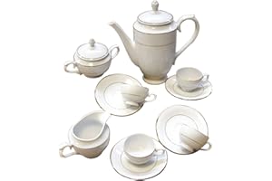FRANQUIHOGAR Juego de café para 12 porcelana blanca | 27 Piezas en total | Clásica decorada con filos dorados | Modelo BREMEN | Menaje Mesa