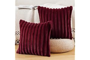 Madizz Lot de 2 Housses de Coussin en Peluche en Fausse Fourrure Housse de Coussin décorative Douce à Rayures moelleuses pour Coussin de Chambre à Coucher de canapé Bourgogne 45 x 45 cm