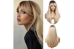 OUFEI Long Straight Blonde Wig with Bangs Side Parting Natural Synthetic Hair Layered Wigs with Dark Roots for Women Daily Party Use-24 Inches