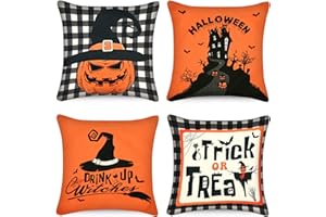 TSLBW 4 sztuki halloweenowe poszewki na poduszki dekoracje halloweenowe poszewki na poduszki dynia zamek czarownica kapelusz i cukierek albo psikus bawełniane lniane poszewki na poduszki na sofę łóżko