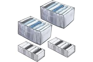 AMZJIMTOP 4 Pcs Drawer Organiser - Wardrobe Storage Organiser, 7 Grids Foldable Wardrobe Clothes Organiser Clothes Drawer Dividers, Washable Clothes Storage Boxes for Jeans, Underwear, Sweaters, Leggings 2M+2L