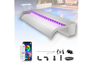 ‎LONGRUN Longrun 60cm Teich Wasserfall Klingen Set, 304 Edelstahl Gebogener Wasserfall mit 7 Farben Bluetooth LED und Fernbedienung, Breite 25.5cm