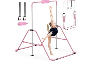 GYMMAGE Gymnastics Bars with Bar Pad, Junior Training Kip Bar Gymnastics Equipment for Home Garden, Adjustable Height Gymnastic Folding Horizontal Bar with Gymnastic Rings for Kid Boys Girls