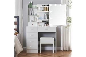 Buildonely Toaletka z oświetleniem LED i lustrem, toaletka z taboretem do makijażu, toaletka z szufladami, 3 temperatury barwowe i regulowana jasność, biała, 36 x 80 x 131 cm