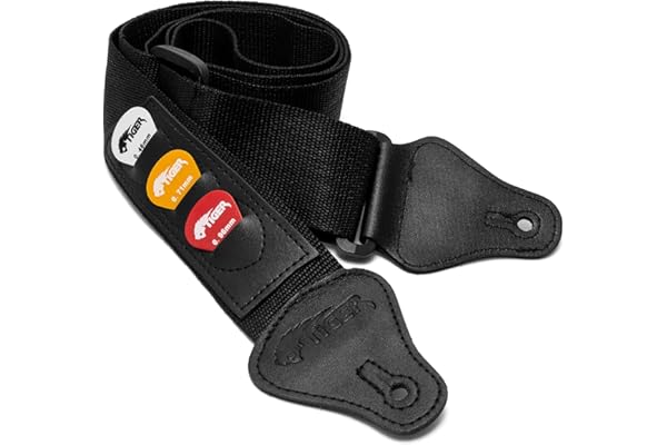 Tiger STP4-BK Sangle de Guitare avec Supports pour Médiators - Noir