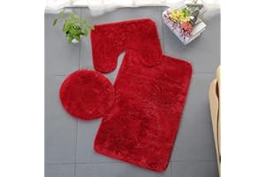 Homieco Tappeto per Bagno Tinta Unita, 3 pezzi Tappetino da Bagno Morbido e Assorbente Antiscivolo Lavabile Set di Tappeti e Coperchio per WC (Rosso)