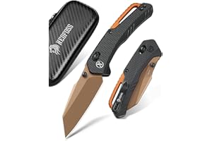 NedFoss KROKODIL couteau pliant, 14C28N acier couteau survie, Longueur lame 7.5 cm, manche aluminium avec clip ceinture, axis lock, mini couteau de poche, Revêtement en titane bronze