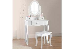 RUNESOL Toaletka dla Dziewczynki z Krzesełkiem i Lustrem Toaletka dla Dzieci z Białego Drewna, Toaletka dla Dziecka z Przeźroczystymi Uchwytami o Eleganckim Wykonaniu (8-13)