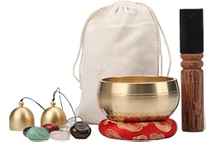 SWTHM Tibetan Singing Bowl, Hand-Tuned Sound Bowl with 7 Chakra Stone 2 Bells and Carry Bags Portable Meditation Tool Sound Healing Spiritual Gift for Yoga Relaxation