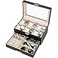 Voova Watch Boxes Organiser Jewellery Box for Men Women,2 Layer Large 12 Slot PU Leather Watch Storage Case, Glass Top Jewelry Display Holder for Watches Sunglasses Rings Necklaces Bracelets,Black