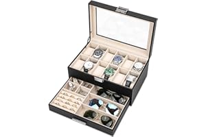 Voova Watch Boxes Organiser Jewellery Box for Men Women,2 Layer Large 12 Slot PU Leather Watch Storage Case, Glass Top Jewelry Display Holder for Watches Sunglasses Rings Necklaces Bracelets,Black