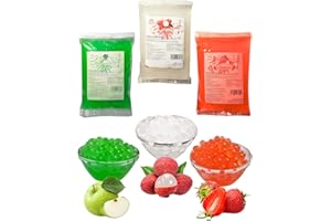 ‎PANDA MEISTER Bubble Tea Popping Boba Mix - 3 x 600g Erdbeer+Grünapfel+Litschi Boba Fruchtperlen - Natur&Vegan&Glutenfrei Boba Perlen - Super Ideen zum Selber Machen Bubble Tee Topping für DIY