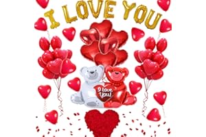 Aviski 40 Palloncini di San Valentino + 1000 Petali di Rosa Artificiali - I Love You, Cuore Rosso, Palloncini in Alluminio a Forma di Cuore d'Amore, Palloncini in Lattice a Forma di Cuore Rosso