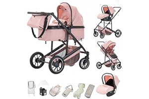 Kakbgee Pushchair Travel System 3 in 1, Pram Travel System with ECE R129 Car Seat, Height Adjustable Handle Baby Pram, High View Aluminum Frame Baby Stroller for Newborn(22KG, 0-4Yeas)