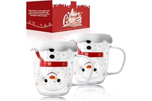 LIBWYS Set 2 Tazze Natalizie con Pupazzo di Neve - Bicchieri Termici Doppia Parete 370 ml per Cappuccino e Latte - Coperchio Antigoccia a Forma di Fiocco - Idee Regalo Natale