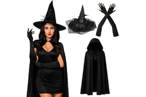 REDSTAR FANCY DRESS 3pc Womens Witch Costume Halloween Accessories Adult - Black Hooded Cloak, Long Black Gloves and Lace Witch Hat Halloween Costumes for Women World Book Day Outfits