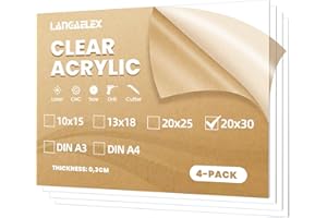 Langaelex 4 Hojas de Acrílico Transparente 3mm, Metacrilato de 20x30cm con Película Protectora, para de Marcos de Fotos, Exhibición de Proyectos, Pintura - Plexiglás Transparente