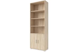 STELLA TRADING OFFICE LINE, Libreria archivio in simil rovere Sonoma, libreria larga a 2 ante e con 4 vani a giorno, set completo di mobili elegantei per l’ufficio, 79 x 220 x 35 cm (L x A x P)