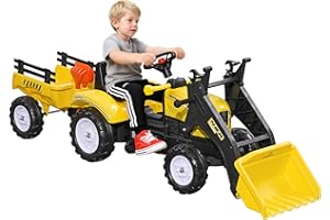 HOMCOM Escavatore Cavalcabile per Bambini da 3 Anni con Ruspa Frontale e Rimorchio Rimovibile, Trattore a Pedali per Bambini con 6 Ruote, Giallo
