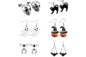 TUPARKA Pendientes de Halloween, calabaza, esqueleto, calavera, cabeza, murciélago, araña, fantasma, gato negro, aretes de tuerca, juego de joyas, decoración de fiesta de Halloween