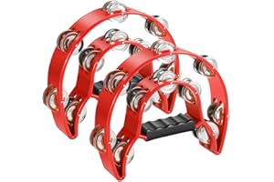 Flexzion Tamburin, Handtrommel - 2er-Pack, 25cm Schellenkranz mit Handgriff, Musik Schlaginstrument, zweireihig Schellenring in Halbmond-Form Rahmen, mit 20 Paar Metall Schellen, Rot