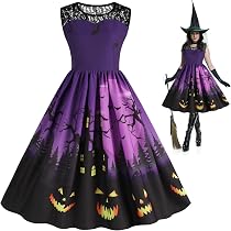 Abito Da Donna Per Halloween Con Stampe Di Zucca E Pipistrelli - Stile A-Line Midi, Maniche Lunghe, Vita Alta - 2