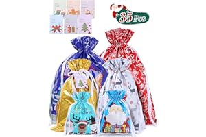 MOXTOYU 35PCS Christmas Gift Bag, Drawstring Christmas Gift Bags 4 Size 6 Pattern with Name Tags and Ribbon Ties, Assorted Style Xmas gift bags Reusable Goody Bags for Holiday, Party, Wedding, Winter