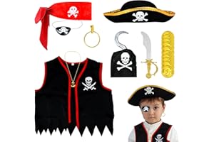 Cheloveer 18 PCS Piratenkostüm Kinder, Piratenkostüm Kinder Jungen, Piratenhut Kinder Karneval Piratenkostüm Kinder Piratenkostüm Zubehör, Piraten Kostüm für Jungen Mädchen Karneval Piratenparty