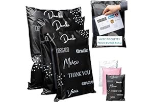 EMBALLAX - 60 Pochettes d’Envoie Colis Vinted avec Pochette pour Bordereau - 3 Tailles M/L/XL - Résistante, Opaque - Enveloppe Plastique Expédition - Emballage Envoie Vetement, Boite, Sac - Merci