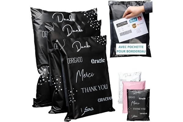 EMBALLAX - 60 Pochettes d’Envoie Colis Vinted avec Pochette pour Bordereau - 3 Tailles M/L/XL - Résistante, Opaque - Enveloppe Plastique Expédition - Emballage Envoie Vetement, Boite, Sac - Merci