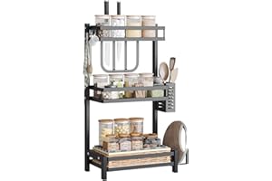 NETEL Wielofunkcyjny stojak na przyprawy, 3 poziomy stojących półek organizer ze stali nierdzewnej do przechowywania w kuchni, z koszem na pałeczki, uchwytem na sztućce, 32.5x20x60cm, czarny matowy