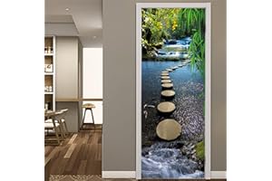 FLFK 3D Door Stickers Peel and Stick 77x200cm,Self-Adhesive Door Murals Wallpaper Wall Poster Removable Mountain Stream Stone Pier Bridge Decals for Home Decor(2Pcs/Set)