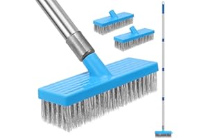 MENG JIARAN Balai en fil d'acier inoxydable avec manche de 168 cm de long, brosse à récurer en poils métalliques rigides, 4 poteaux amovibles et 2 brosses suces, brosse à récurer pour sol extérieur pour nettoyer