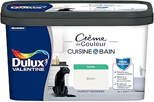 Dulux Valentine Peinture Intérieure Crème de Couleur Cuisine et Salle de Bain - Pièces Humides Murs et Boiseries - Résistant aux taches et à l'humidité - Satin Blanc 2 L