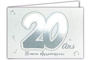 Afie 69-2202 Carte 20 ANS Heureux ANNIVERSAIRE notes de musique qui brillent sur fond blanc ; Livrée avec enveloppe ; Format Carte fermée 17x11,5cm